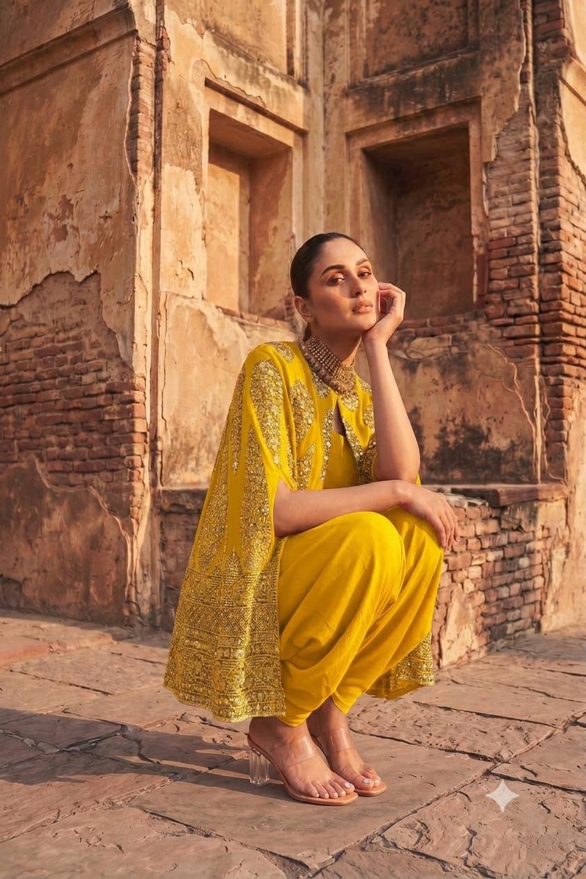 Mustard Embroidered Cape Jacket With Jumper