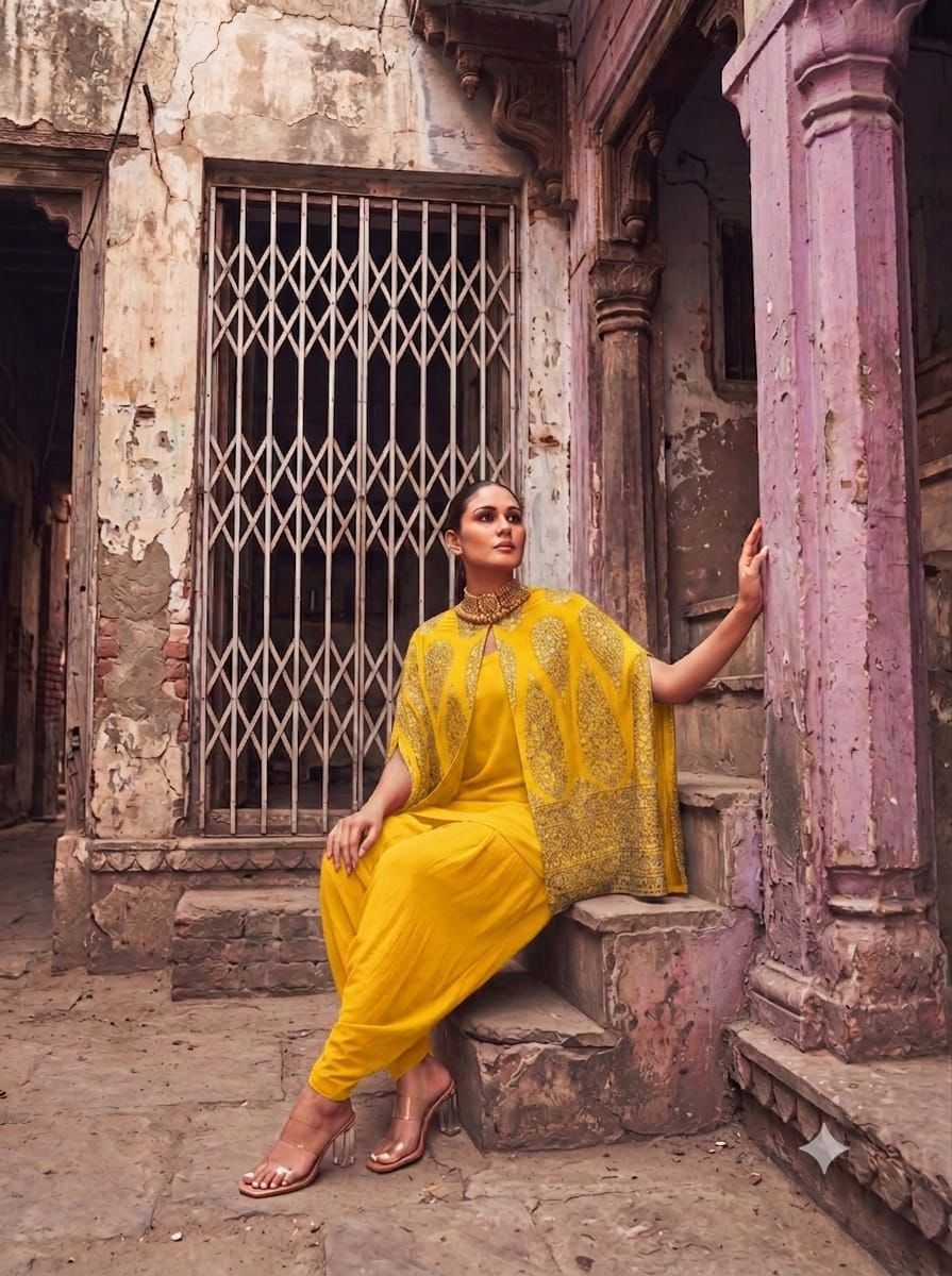 Mustard Embroidered Cape Jacket With Jumper