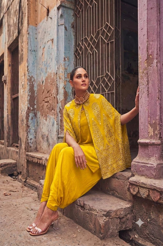 Mustard Embroidered Cape Jacket With Jumper