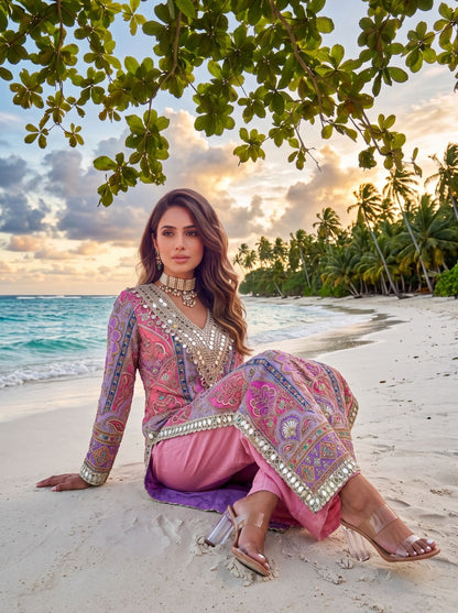 Multicoloured Lilac Printed & Embellished Long Kurta Set