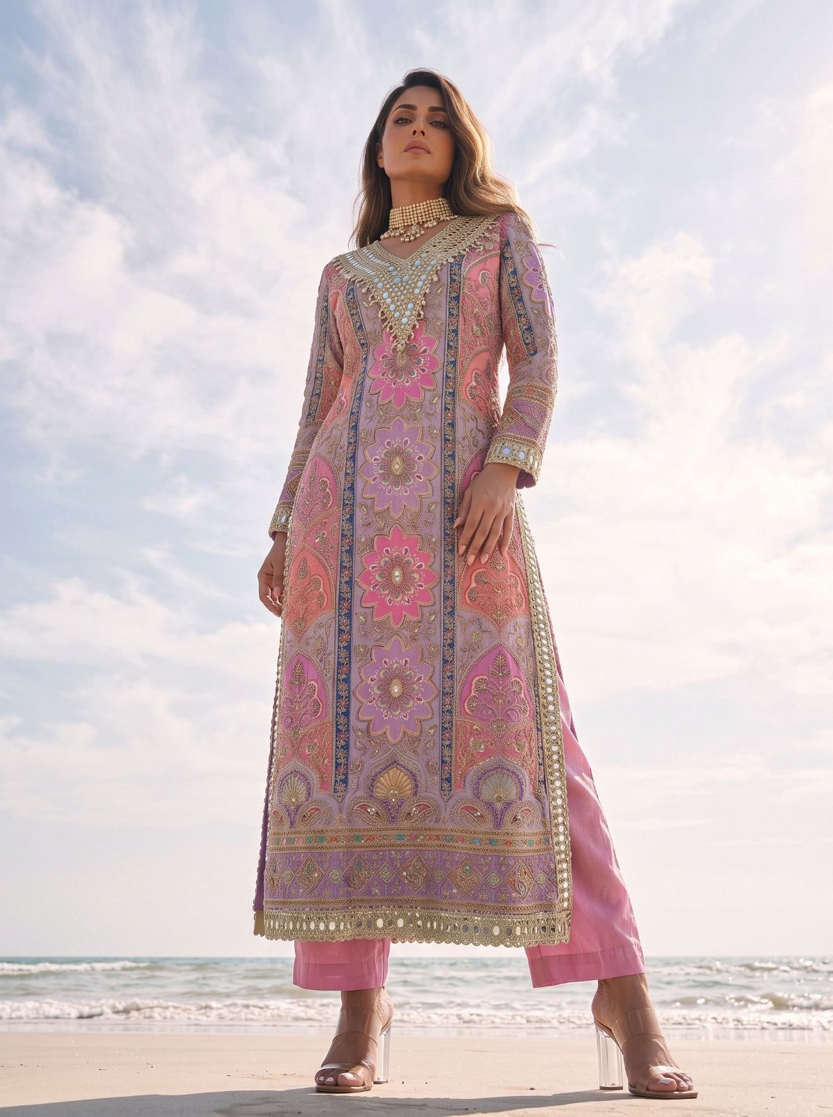 Multicoloured Lilac Printed & Embellished Long Kurta Set