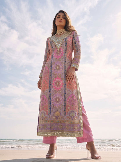 Multicoloured Lilac Printed & Embellished Long Kurta Set