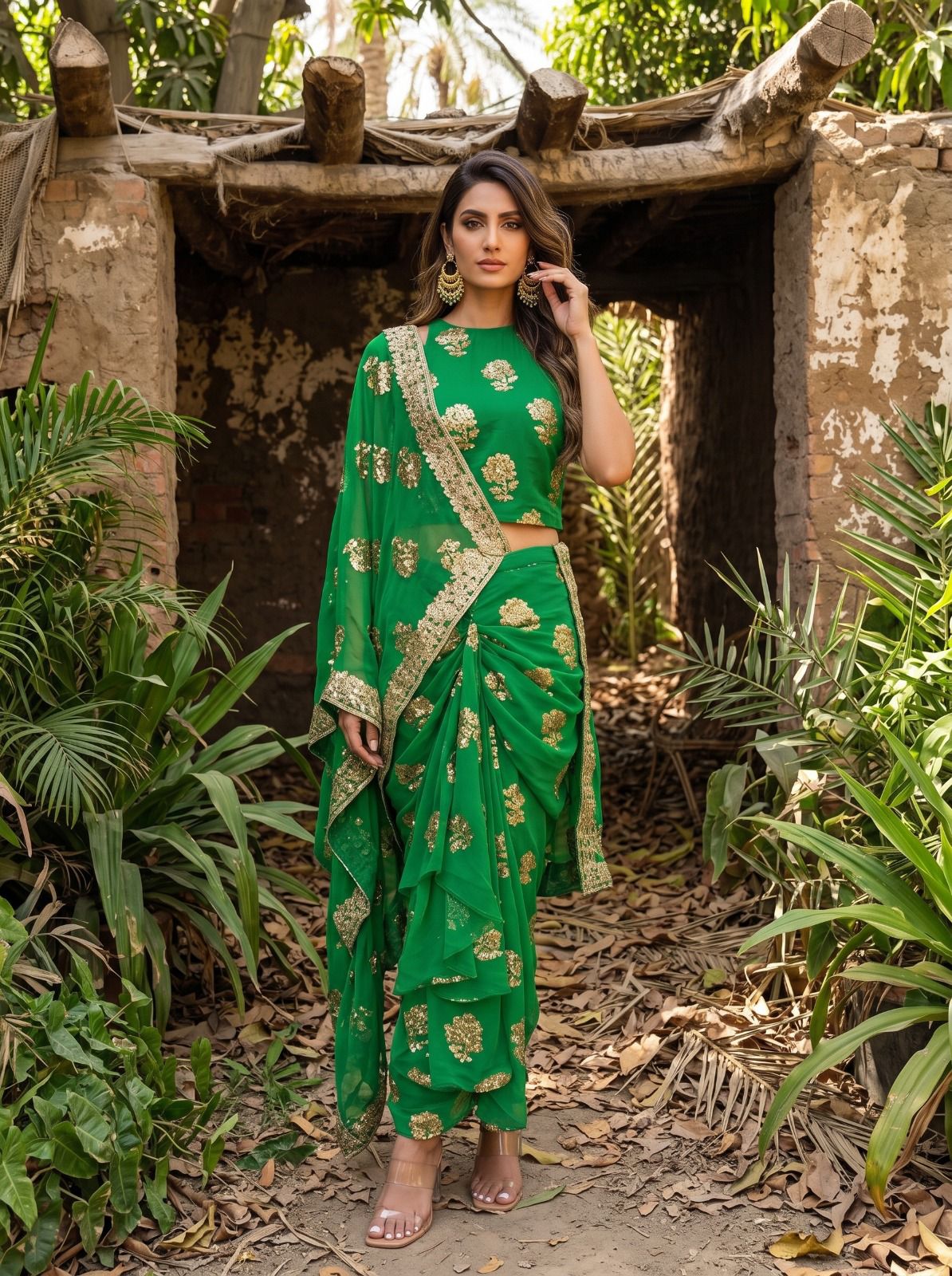 Green Contemporary Saree Draped Skirt Set