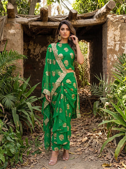 Green Contemporary Saree Draped Skirt Set