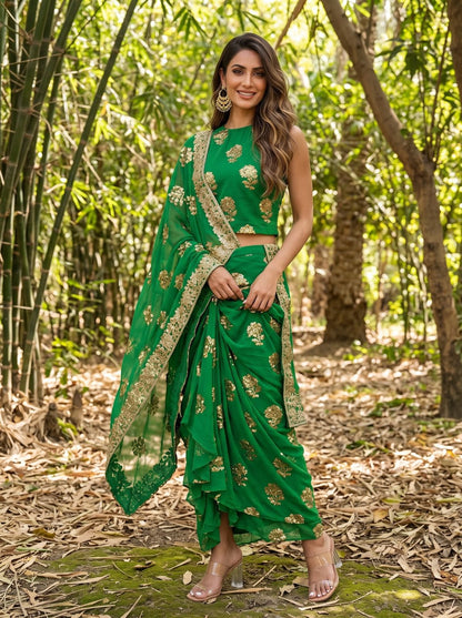 Green Contemporary Saree Draped Skirt Set