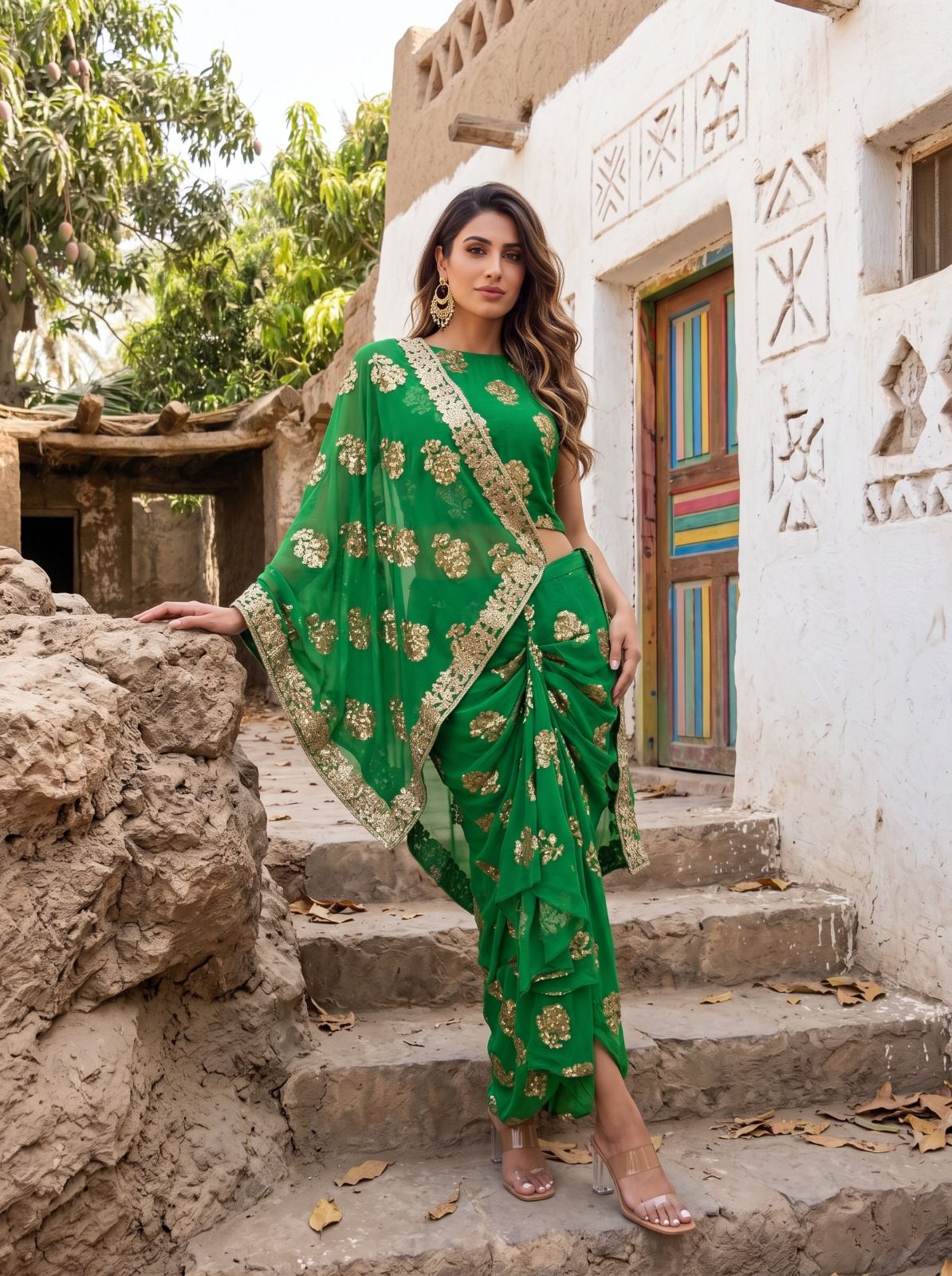 Green Contemporary Saree Draped Skirt Set