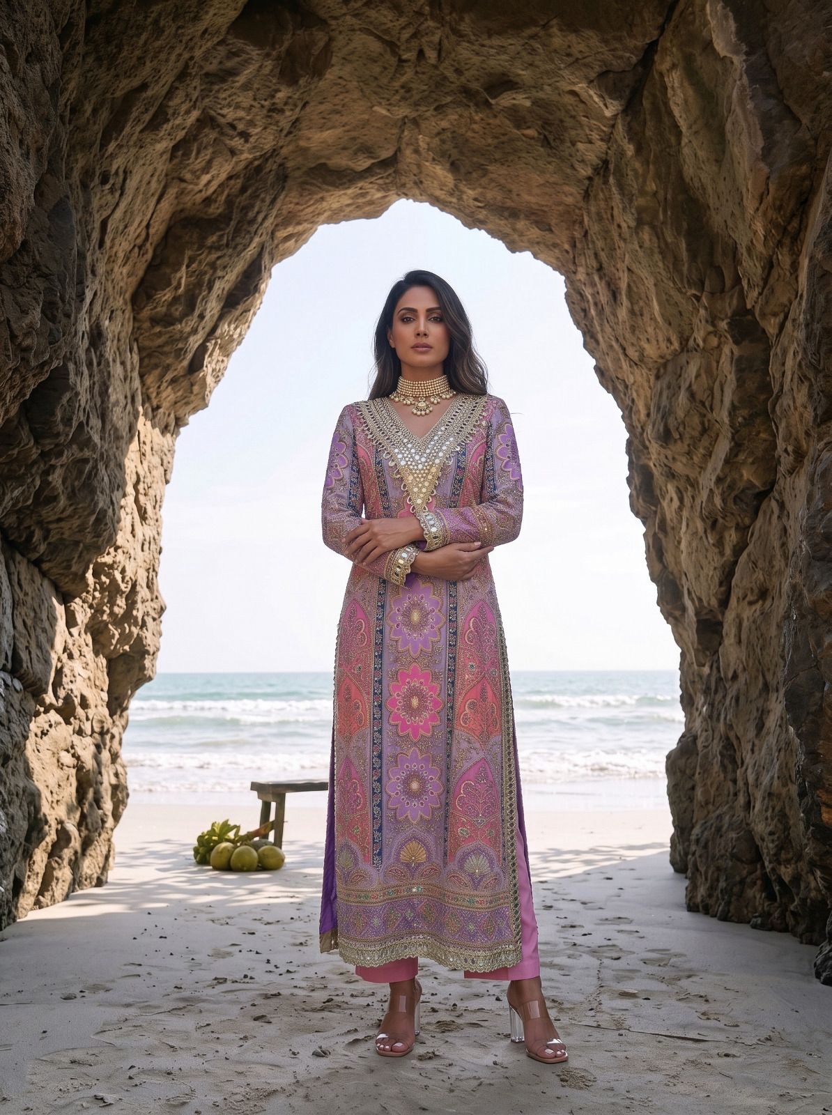 Multicoloured Lilac Printed & Embellished Long Kurta Set