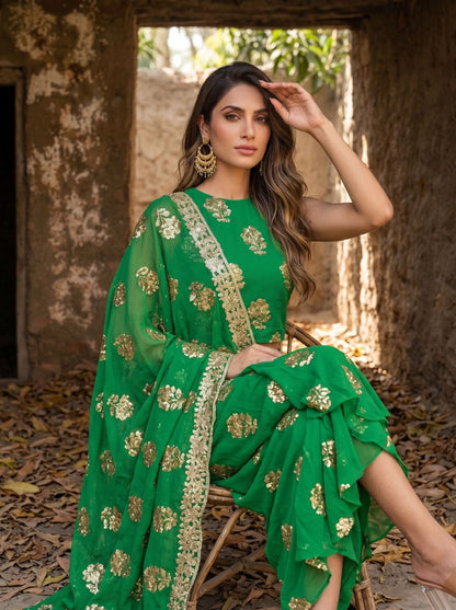 Green Contemporary Saree Draped Skirt Set