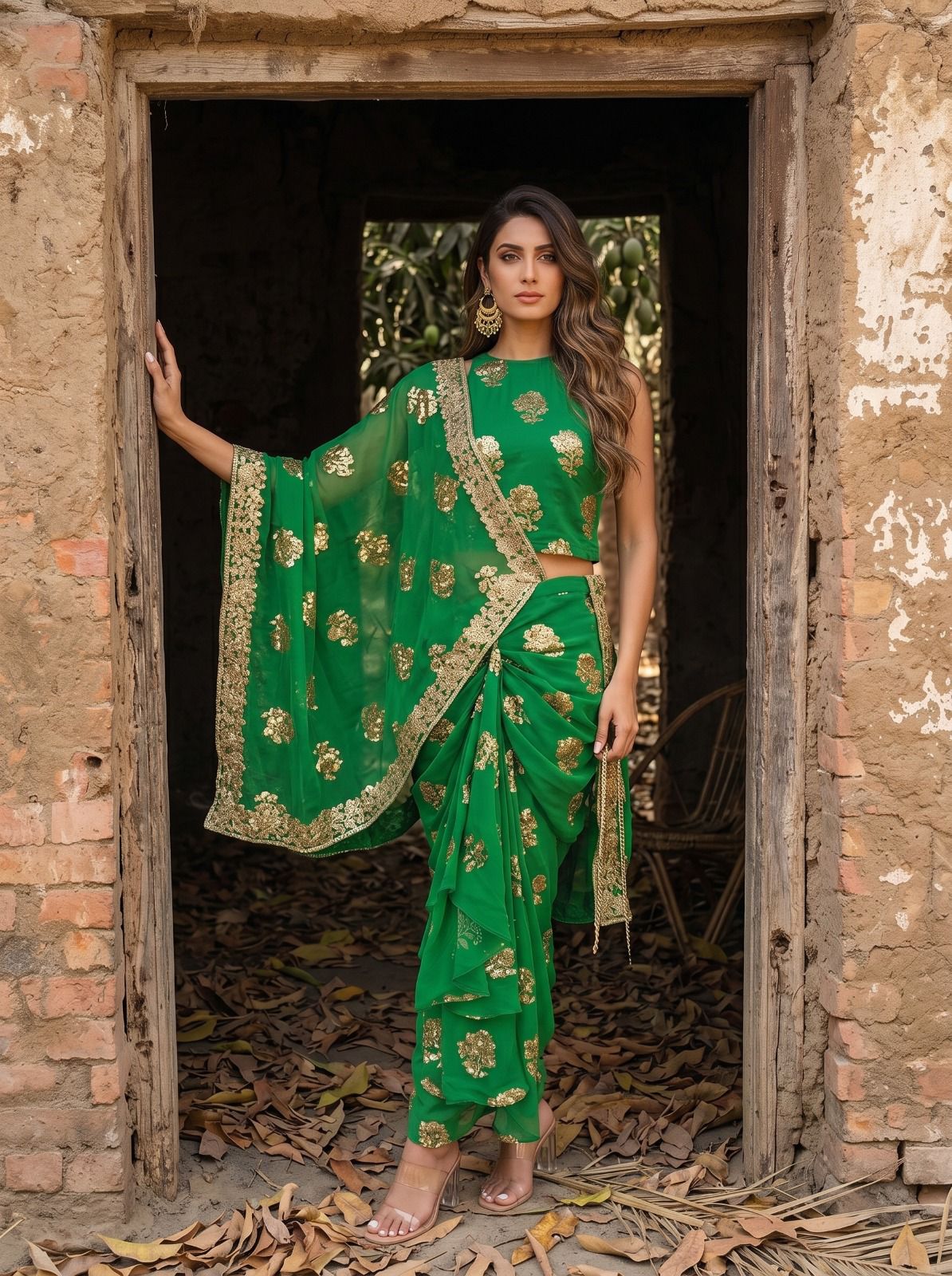 Green Contemporary Saree Draped Skirt Set