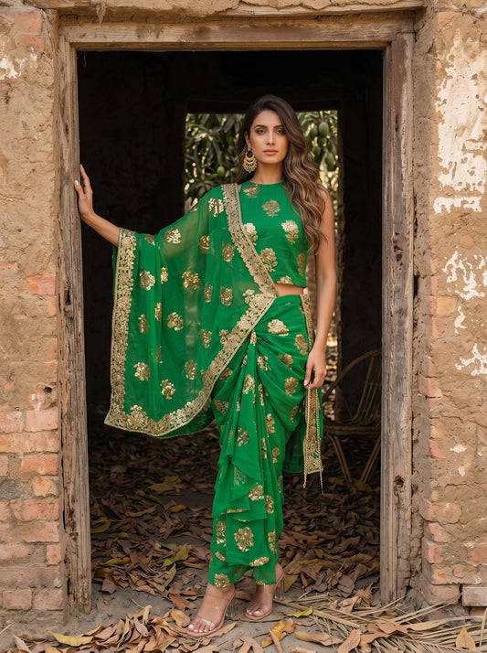Green Contemporary Saree Draped Skirt Set
