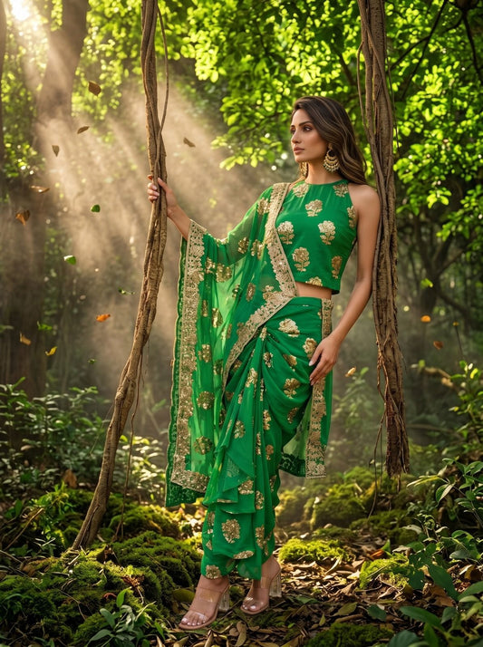 Green Contemporary Saree Draped Skirt Set