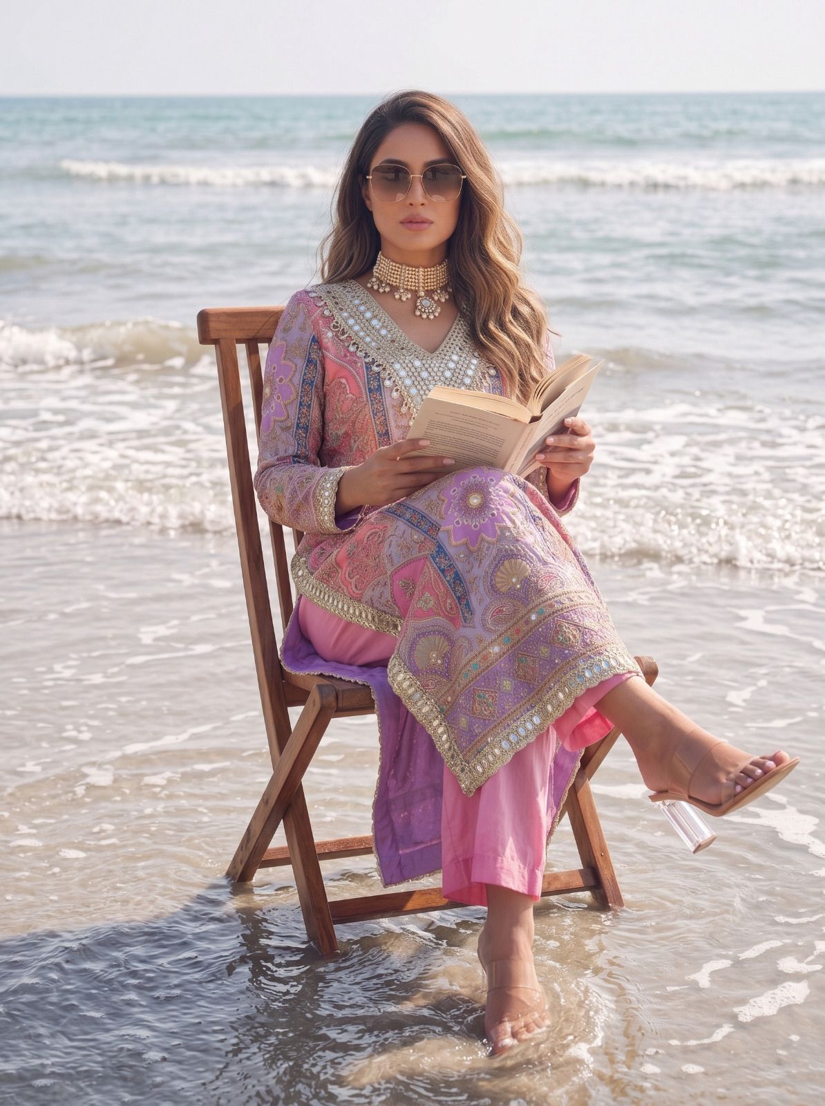 Multicoloured Lilac Printed & Embellished Long Kurta Set