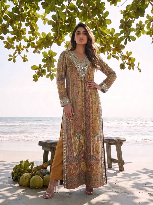 Multicoloured Mustard Printed & Embellished Long Kurta Set