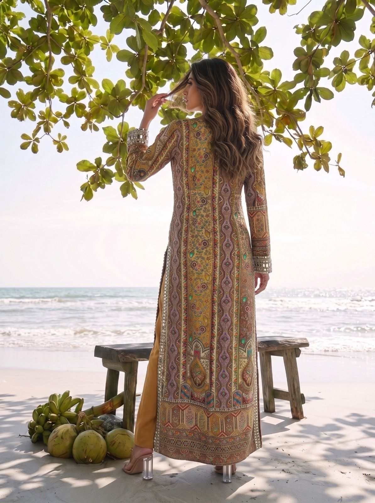 Multicoloured Mustard Printed & Embellished Long Kurta Set