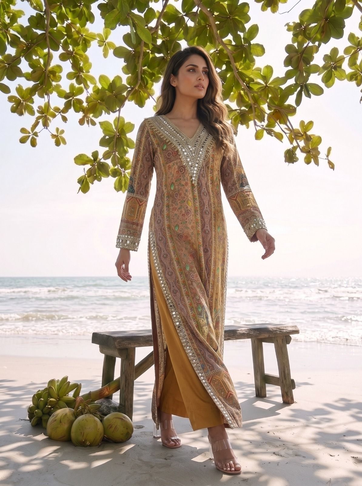 Multicoloured Mustard Printed & Embellished Long Kurta Set