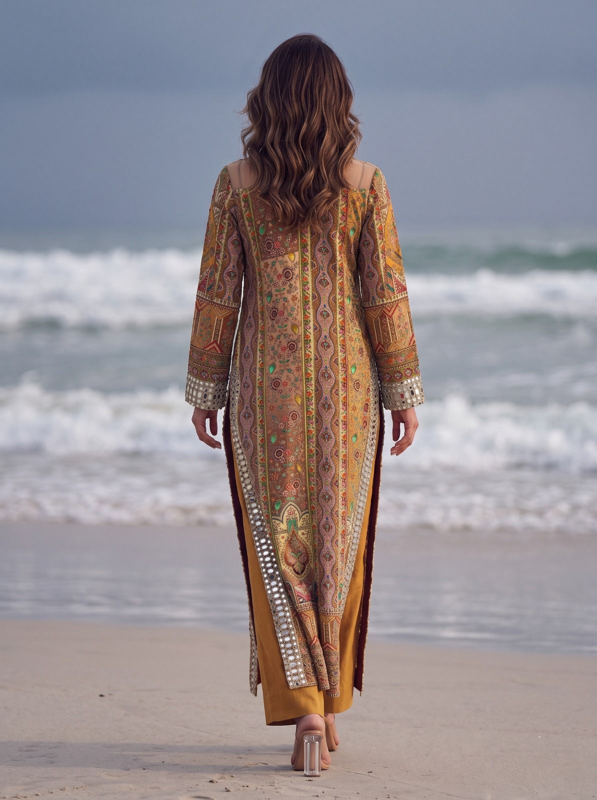 Multicoloured Mustard Printed & Embellished Long Kurta Set
