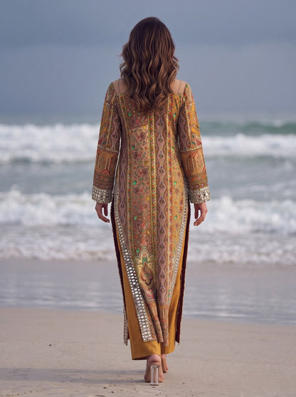 Multicoloured Mustard Printed & Embellished Long Kurta Set