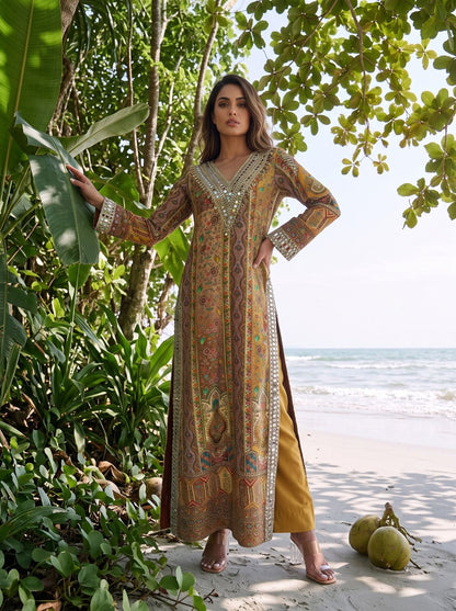 Multicoloured Mustard Printed & Embellished Long Kurta Set