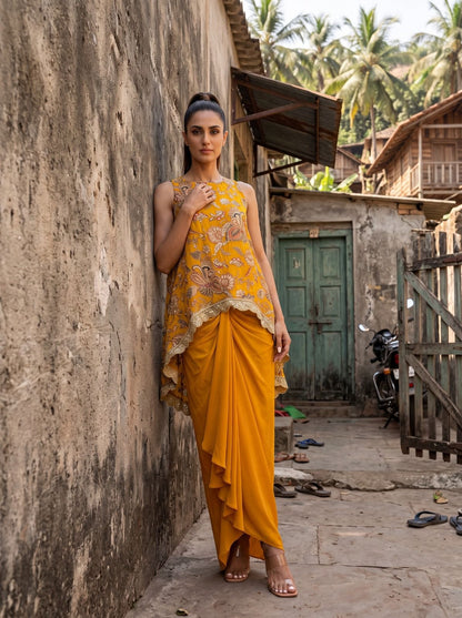 Mustard Printed & Embroidered High Low Top With Front Pleated Skirt