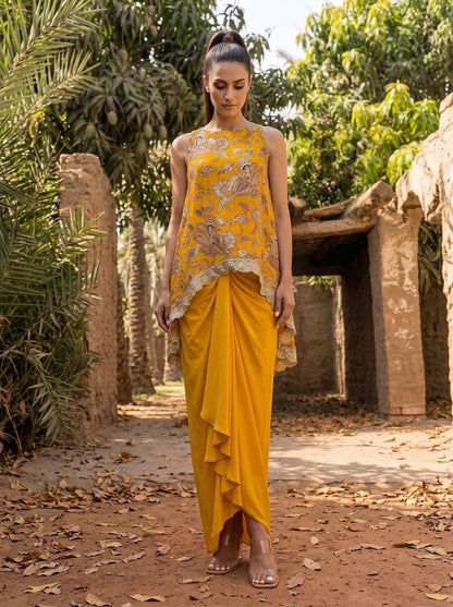 Mustard Printed & Embroidered High Low Top With Front Pleated Skirt