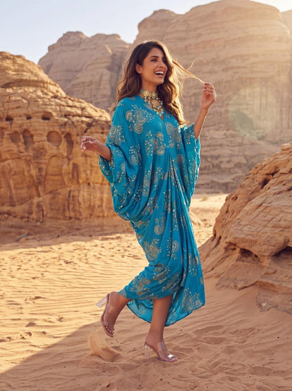 Aqua Blue Chinon Embroidered Midi Dress