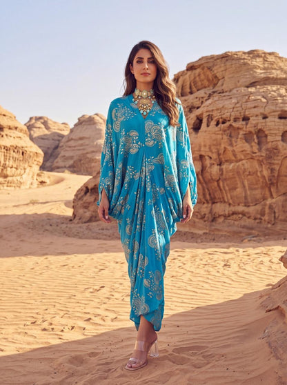 Aqua Blue Chinon Embroidered Midi Dress