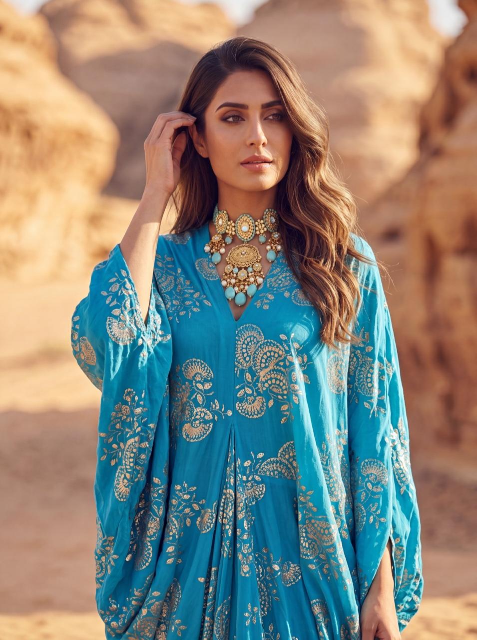 Aqua Blue Chinon Embroidered Midi Dress