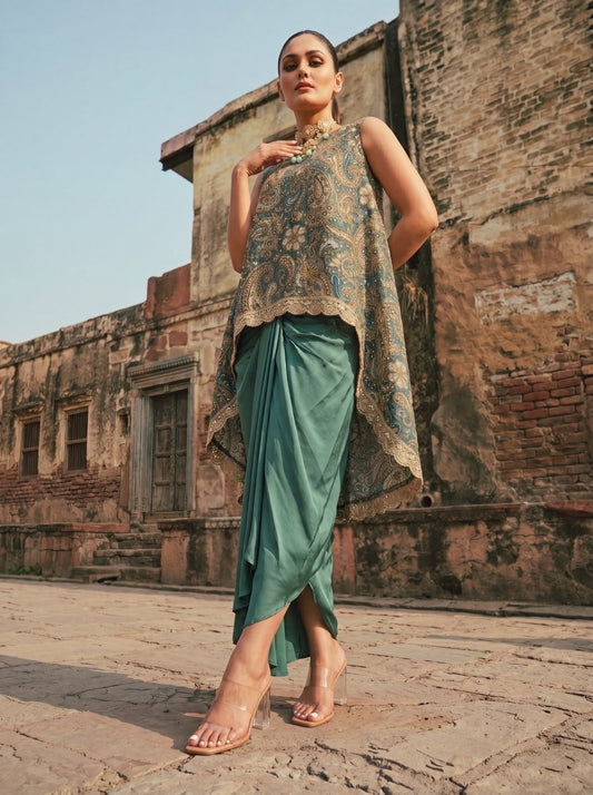 Sea Green Printed & Embroidered High Low Top With Front Pleated Skirt