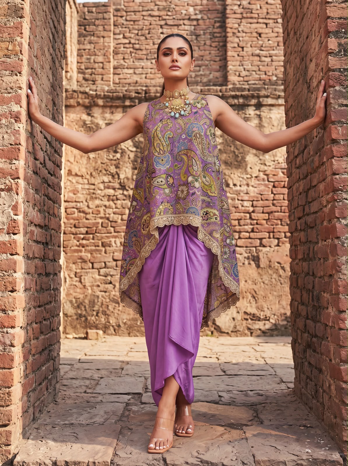 Lilac Printed & Embroidered High Low Top With Front Pleated Skirt