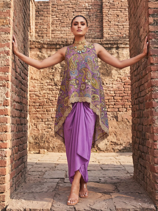 Lilac Printed & Embroidered High Low Top With Front Pleated Skirt