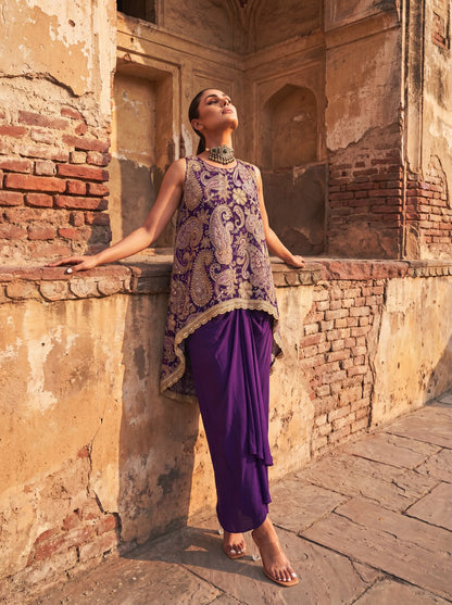 Purple Printed & Embroidered High Low Top With Front Pleated Skirt