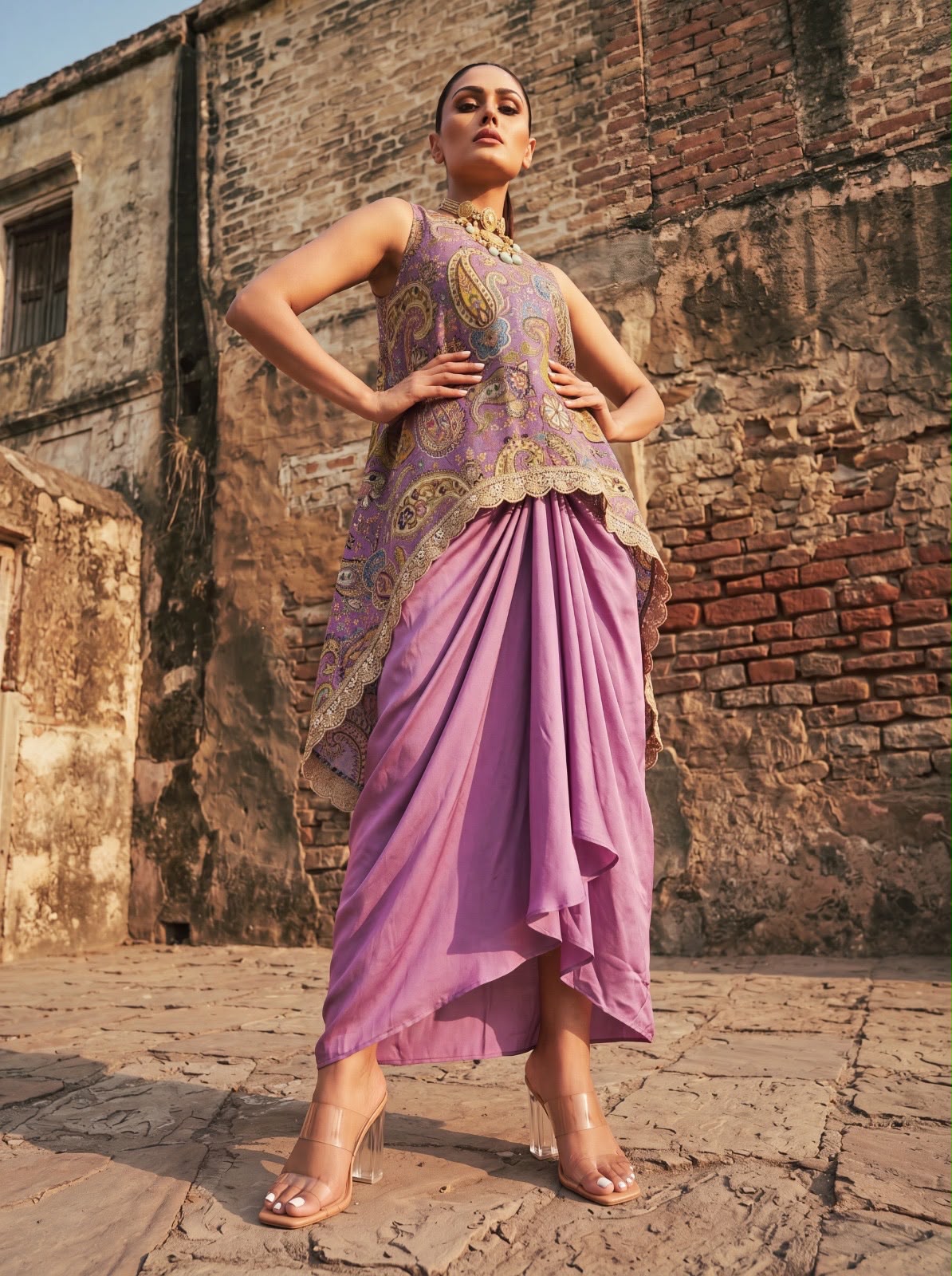 Lilac Printed & Embroidered High Low Top With Front Pleated Skirt