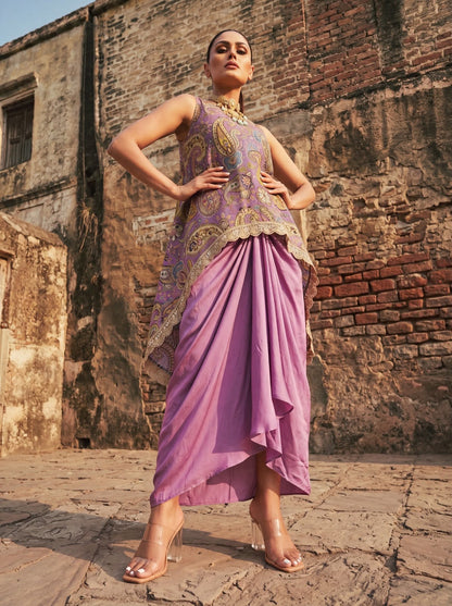 Lilac Printed & Embroidered High Low Top With Front Pleated Skirt