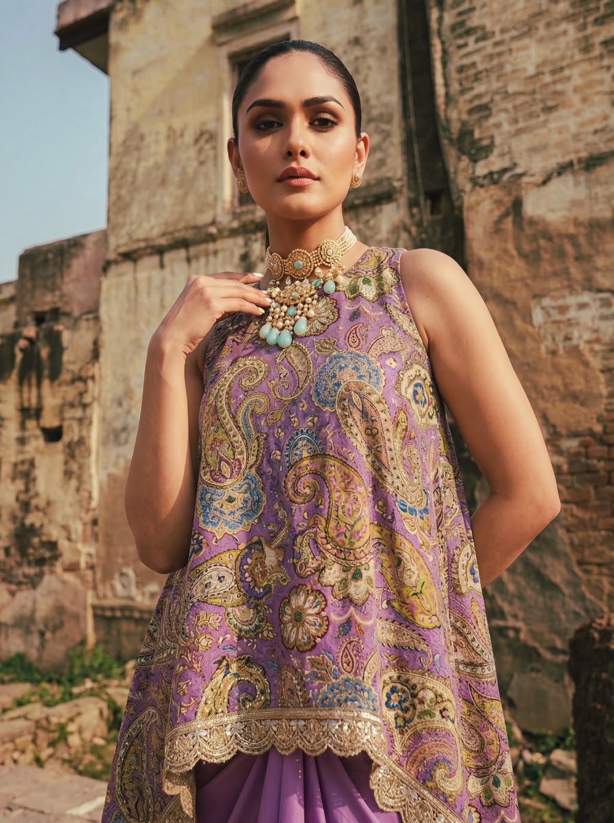 Lilac Printed & Embroidered High Low Top With Front Pleated Skirt