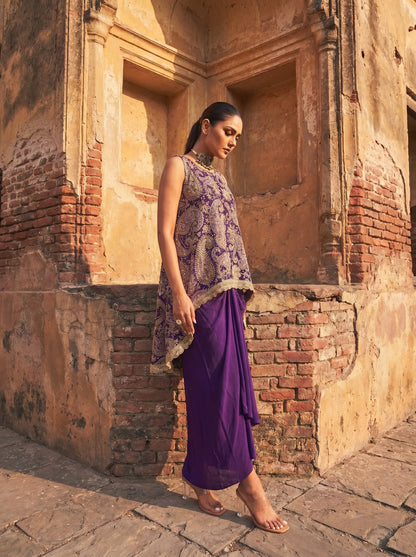 Purple Printed & Embroidered High Low Top With Front Pleated Skirt