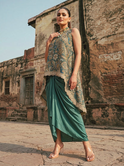 Sea Green Printed & Embroidered High Low Top With Front Pleated Skirt