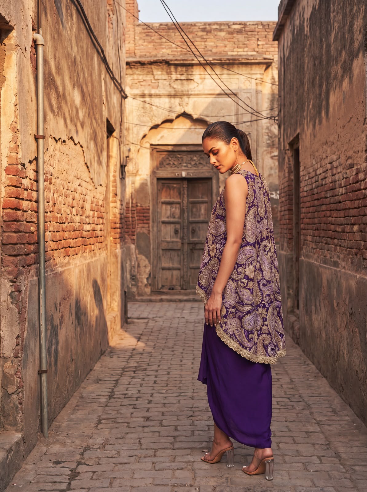 Purple Printed & Embroidered High Low Top With Front Pleated Skirt