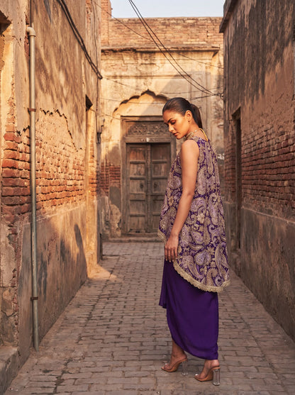 Purple Printed & Embroidered High Low Top With Front Pleated Skirt