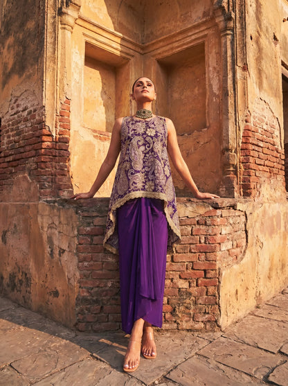 Purple Printed & Embroidered High Low Top With Front Pleated Skirt