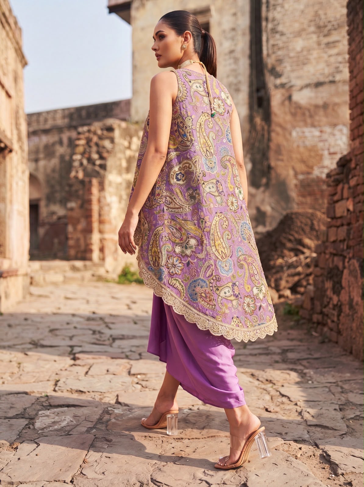Lilac Printed & Embroidered High Low Top With Front Pleated Skirt