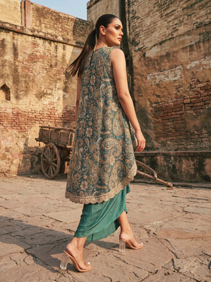 Sea Green Printed & Embroidered High Low Top With Front Pleated Skirt