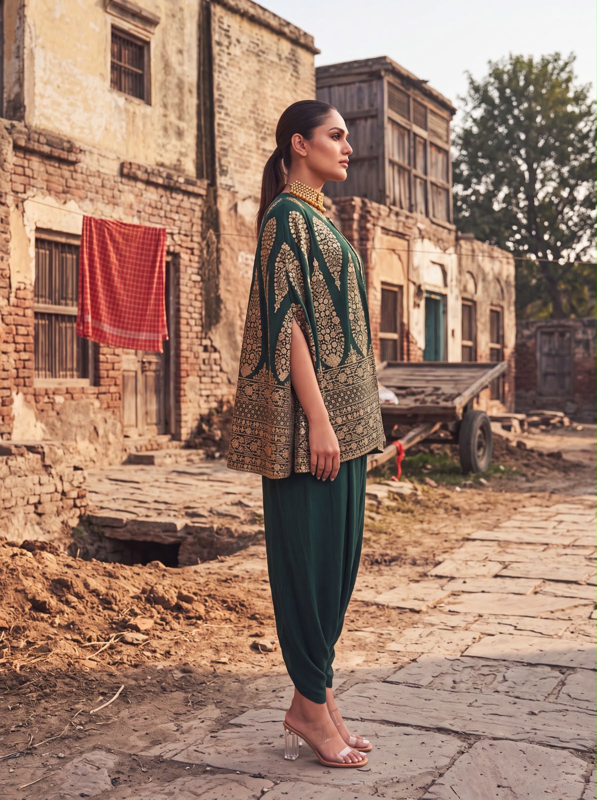 Green Embroidered Cape Jacket With Jumper
