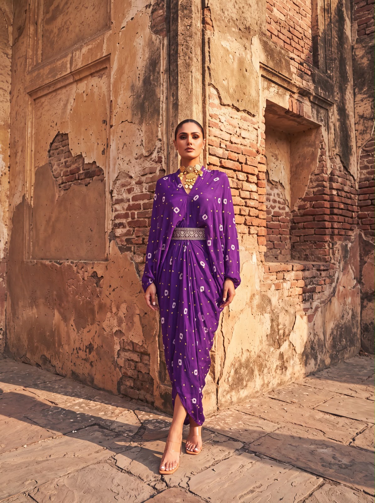 Purple Chinon Batik Midi Dress With Belt