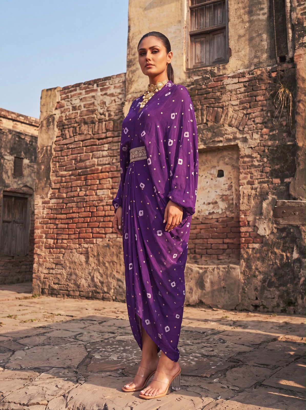 Purple Chinon Batik Midi Dress With Belt