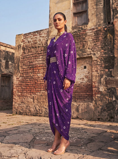 Purple Chinon Batik Midi Dress With Belt