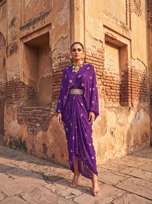 Purple Chinon Batik Midi Dress With Belt