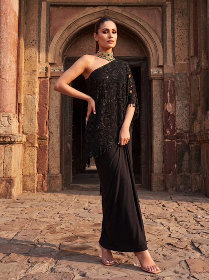 Black Cutwork Beaded One Shoulder Cape Set