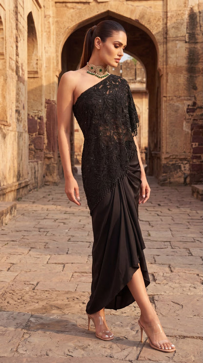 Black Cutwork Beaded One Shoulder Cape Set