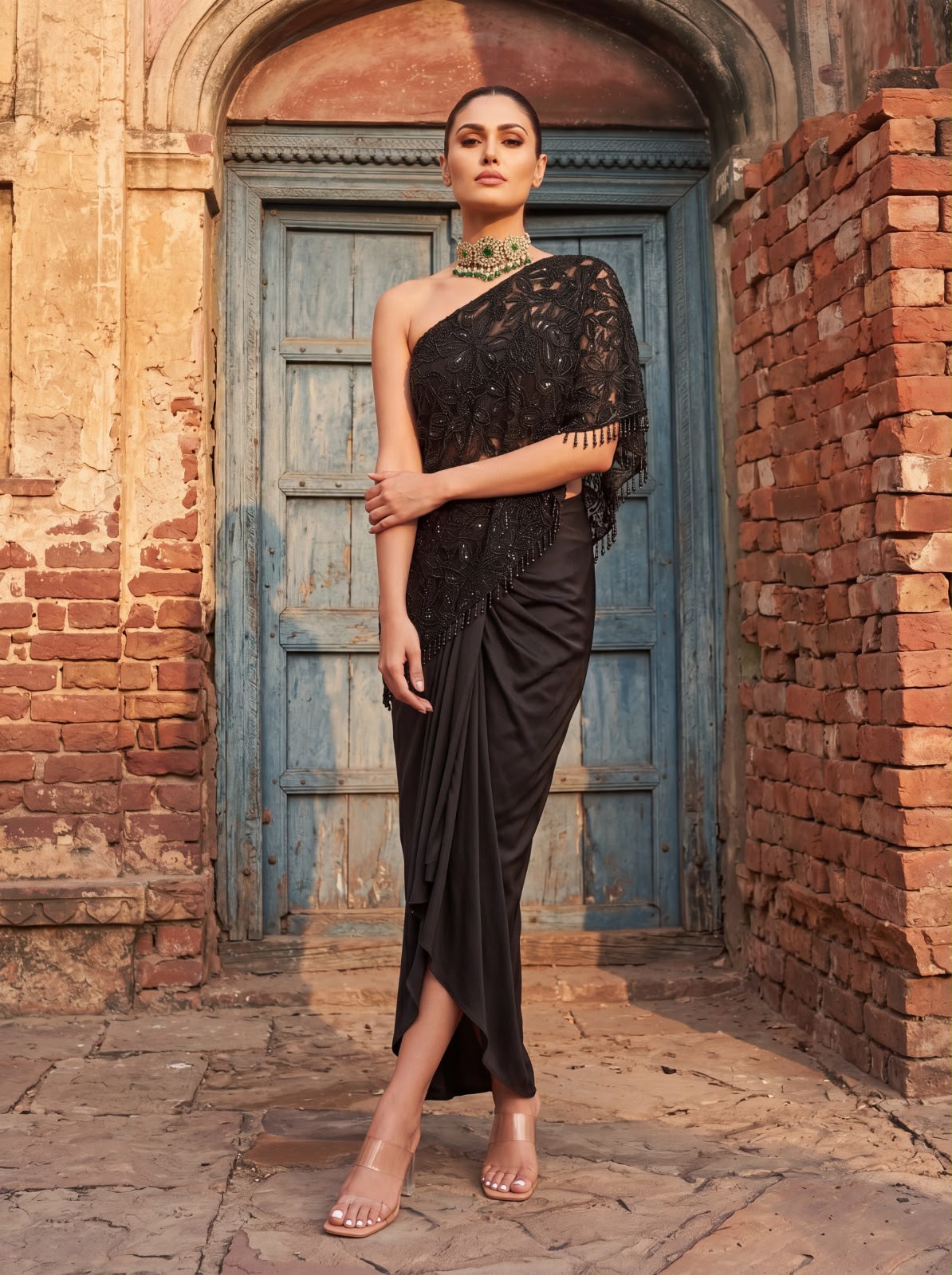 Black Cutwork Beaded One Shoulder Cape Set