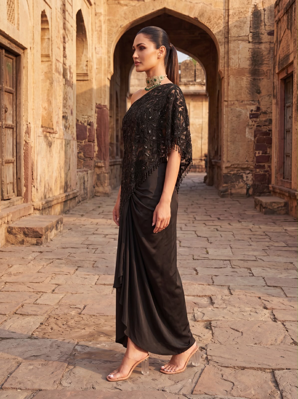 Black Cutwork Beaded One Shoulder Cape Set